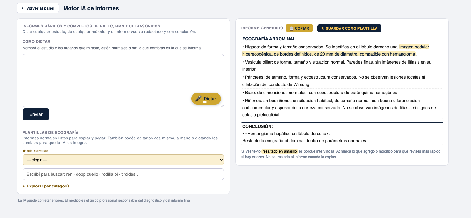 Motor de informes de ImagingXpert: dictado a la izquierda e informe generado con conclusión a la derecha
