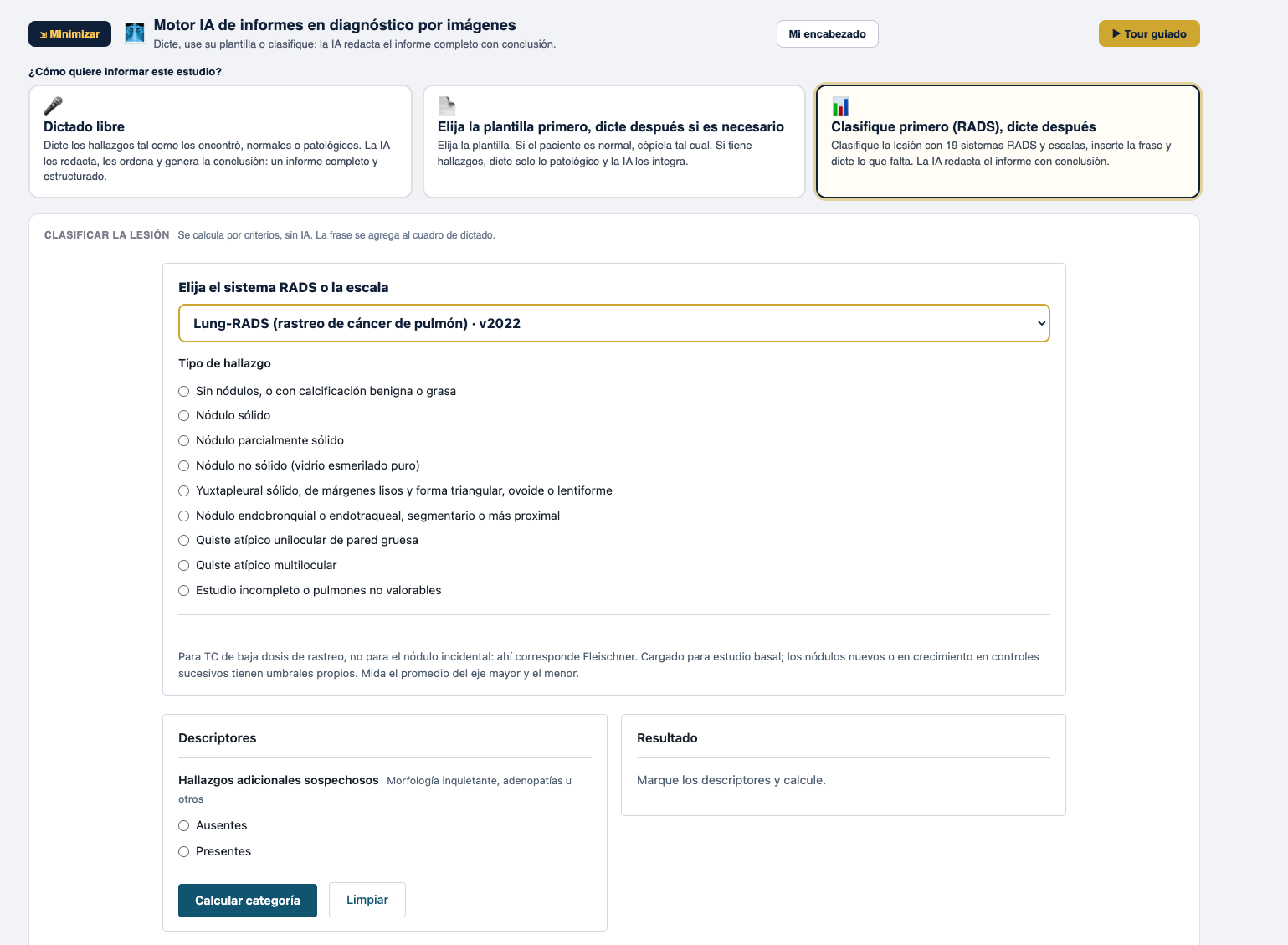 Clasificación RADS en ImagingXpert: selección del sistema y categoría, con el dictado libre debajo