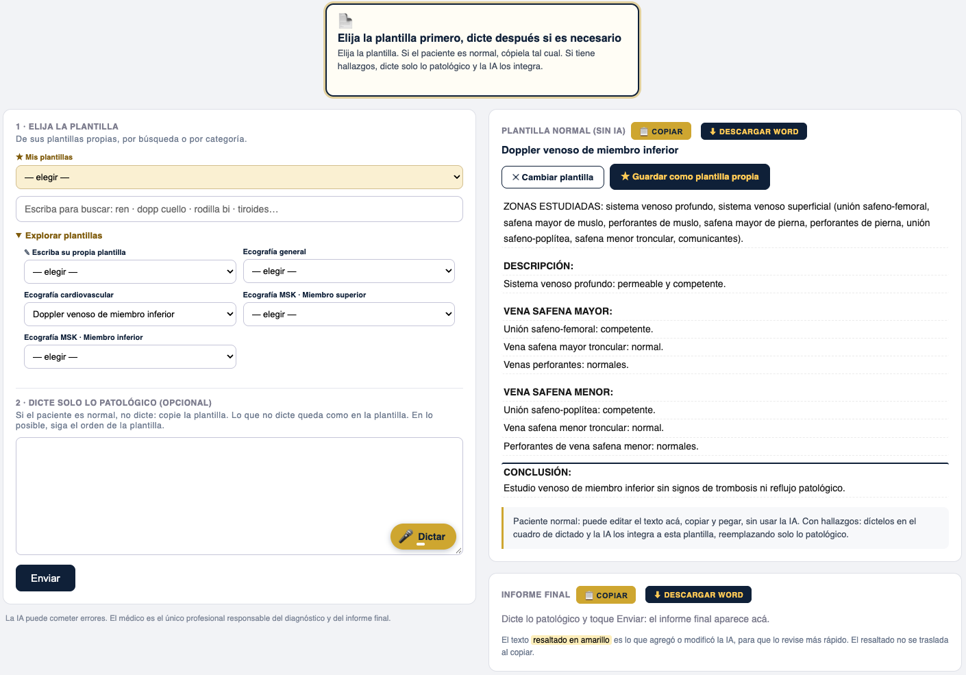 Elegir plantilla y luego dictar en ImagingXpert