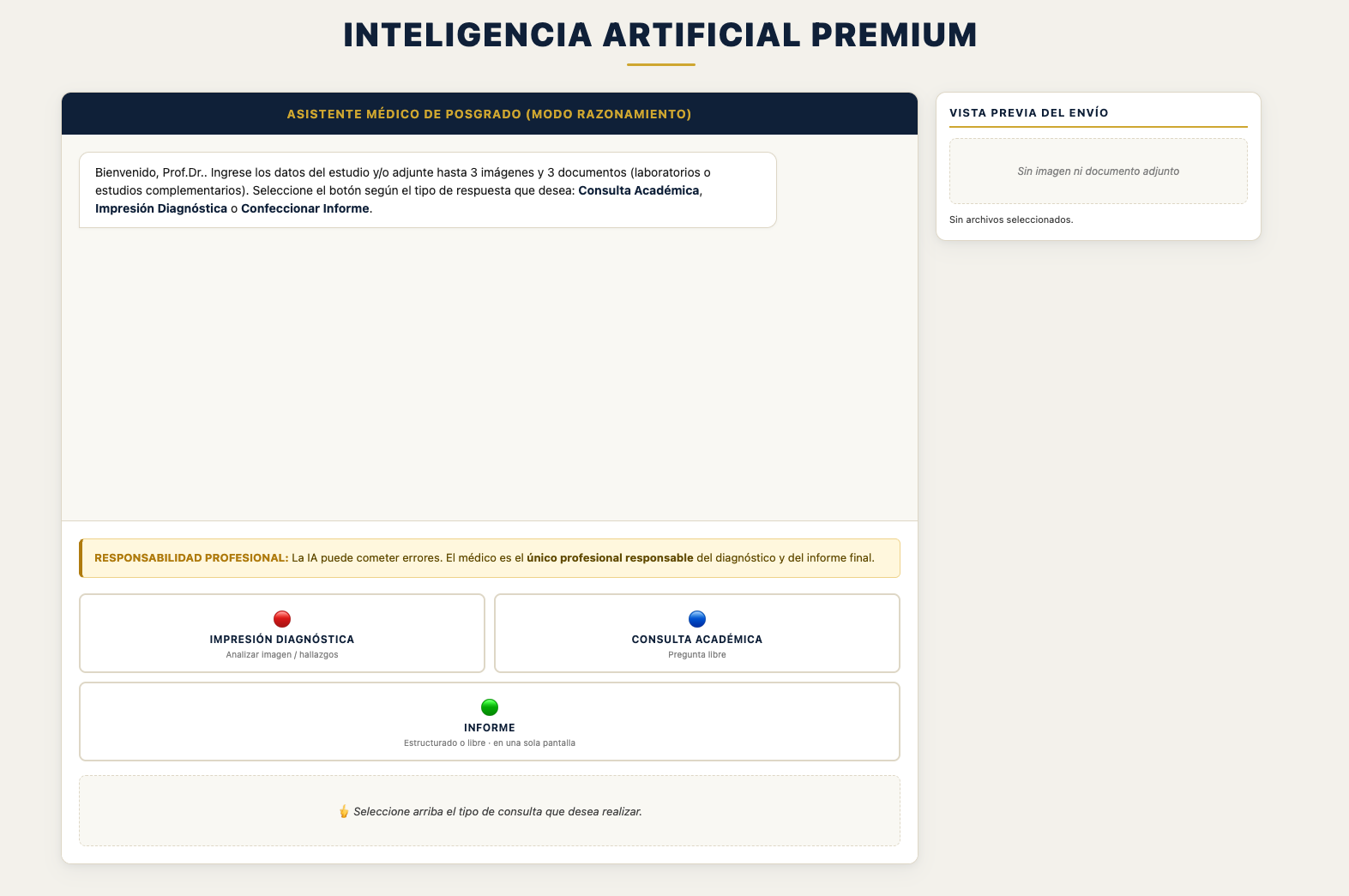 Panel principal de ImagingXpert con las tres funciones: impresión diagnóstica, consulta académica e informe